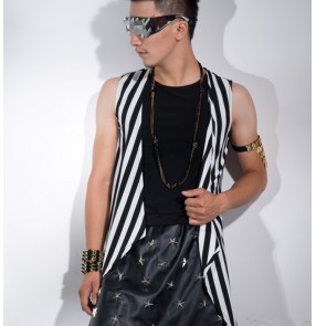 Black and white striped irregular length personality men's male fashion stage performance singer cos play jazz hip hop jazz dance vests tops waistcoat